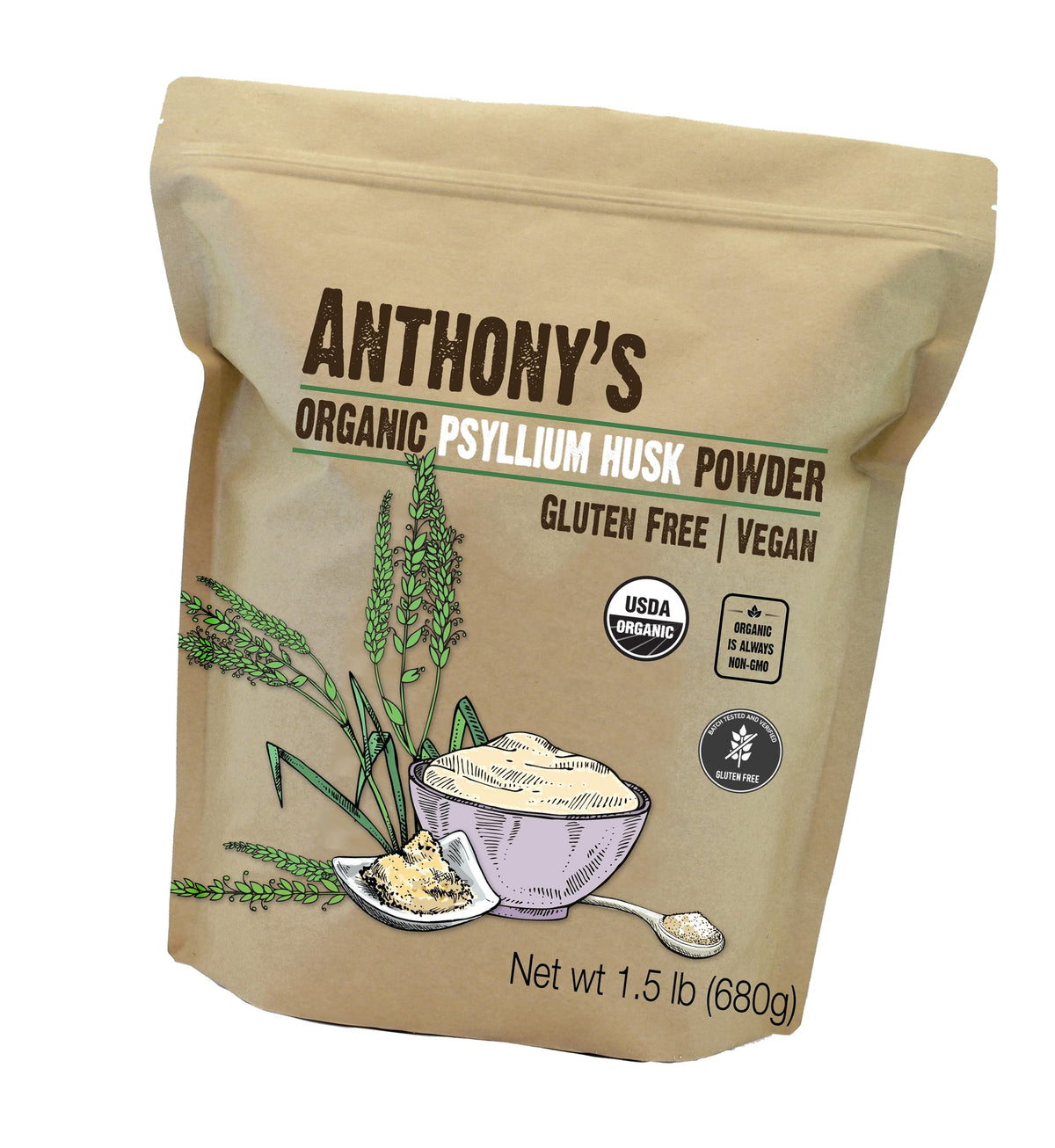 Anthony's Organic Psyllium Husk Powder, 1.5 lb, Gluten Free, Non GMO, Finely Ground, Keto Friendly