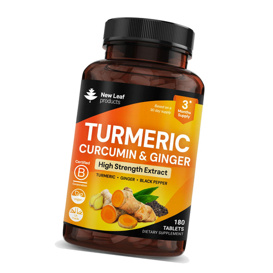 Turmeric Tablets with Black Pepper & Ginger - Curcumin - 180 Turmeric and Black Pepper Tablets (3 Month) High Strength Active Turmeric Supplements Not Capsules, by New Leaf