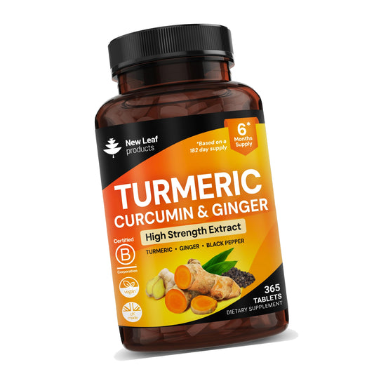 Turmeric Tablets - High Strength Extract with Black Pepper & Ginger (365 Tablets) Active 95% Turmeric Curcumin Supplements, Vegan, GMP, GMO Free Gluten Free, UK Made by New Leaf
