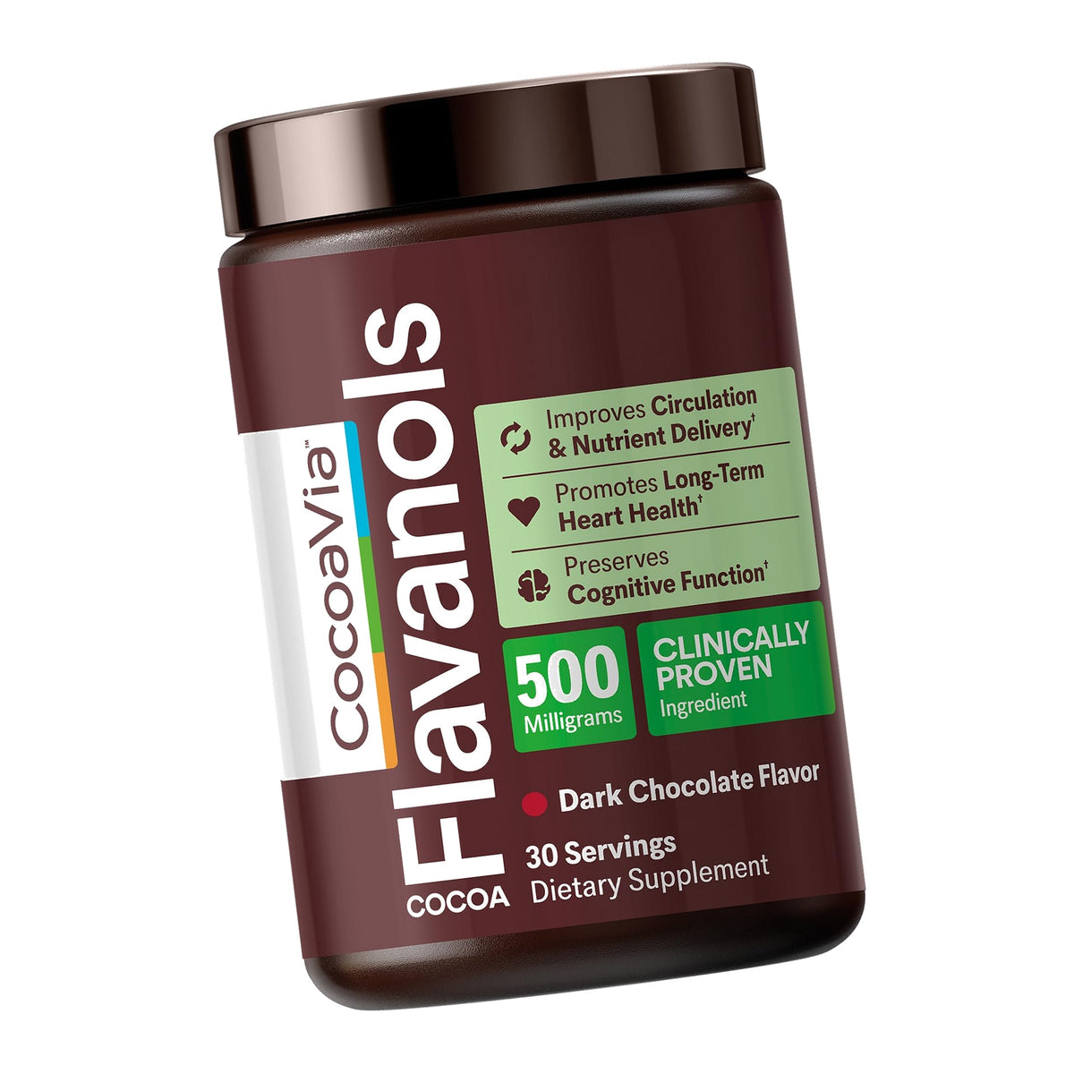 CocoaVia Cocoa Flavanols 500mg – Heart and Brain Support, High Flavanol Cocoa Extract, Boosts Nitric Oxide, Blood Circulation and Memory, Preworkout, Vegan, Gluten-Free, Dark Chocolate, 30-Day