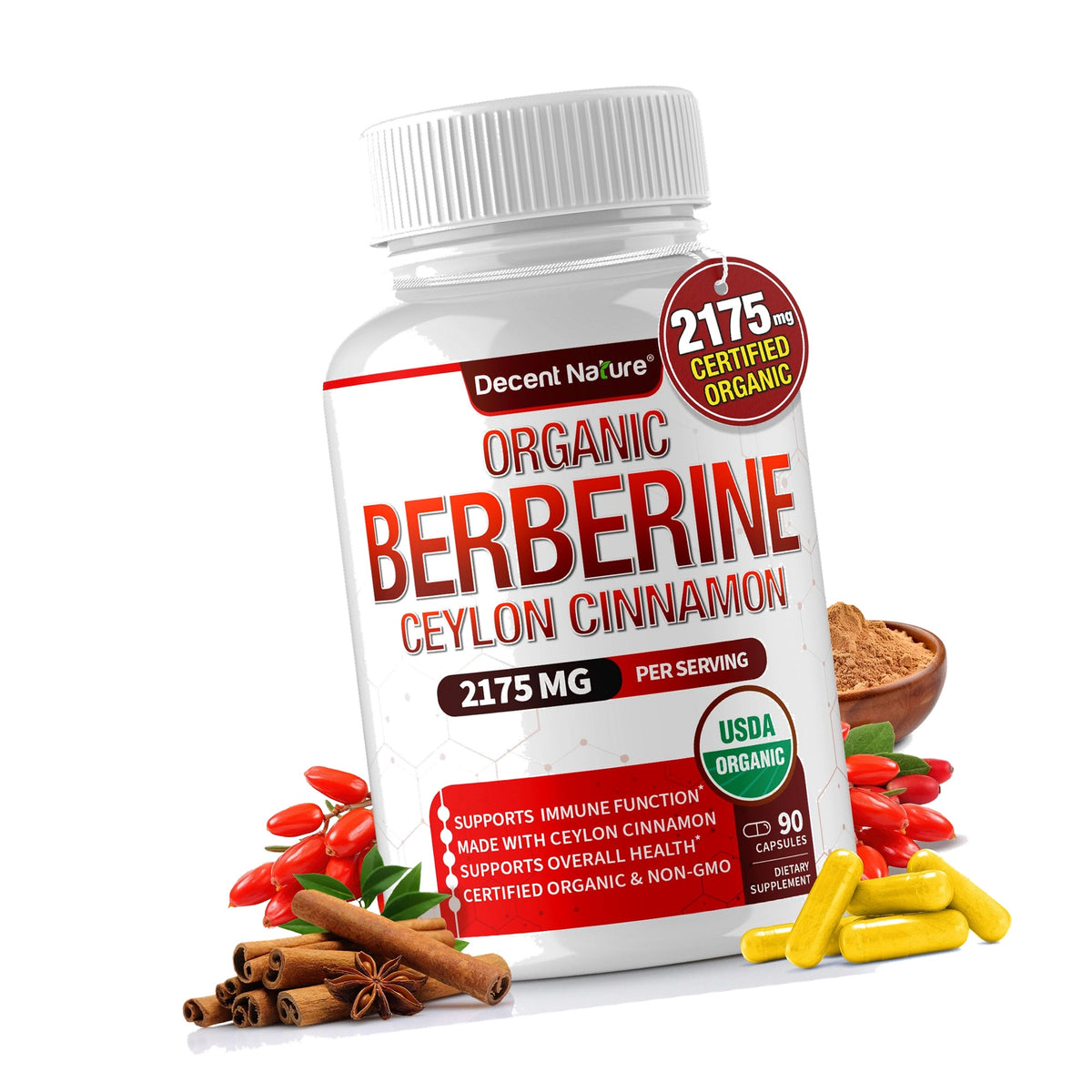 Organic Berberine with Ceylon Cinnamon 2175mg - Premium berberine supplement high purity extract USDA Organic, support immune system, Berberine Plus Complex, Non-GMO Vegan for Men Women 90 Capsules