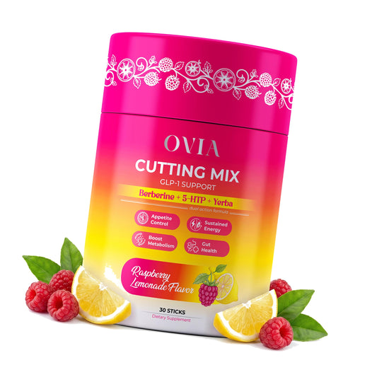 OVIA Cutting Mix Craving Control & Weight Management Powder with Yerba Mate, Berberine, 5-HTP, Inulin FOS, L-Theanine, Chromium, Cinnamon & Ginger, Raspberry Lemonade, 30 Sticks