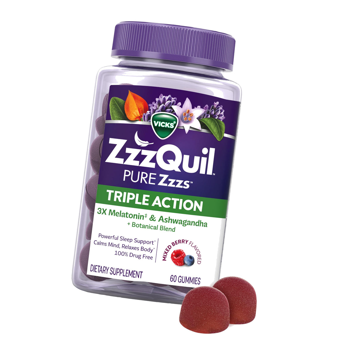ZzzQuil PURE Zzzs Triple Action, Melatonin Gummies, Melatonin 6mg, 3X Melatonin, Sleep Aid with Ashwagandha, Calm Mood, Antioxidant Action, Sleep Aids for Adults, 60 Sleep Gummies