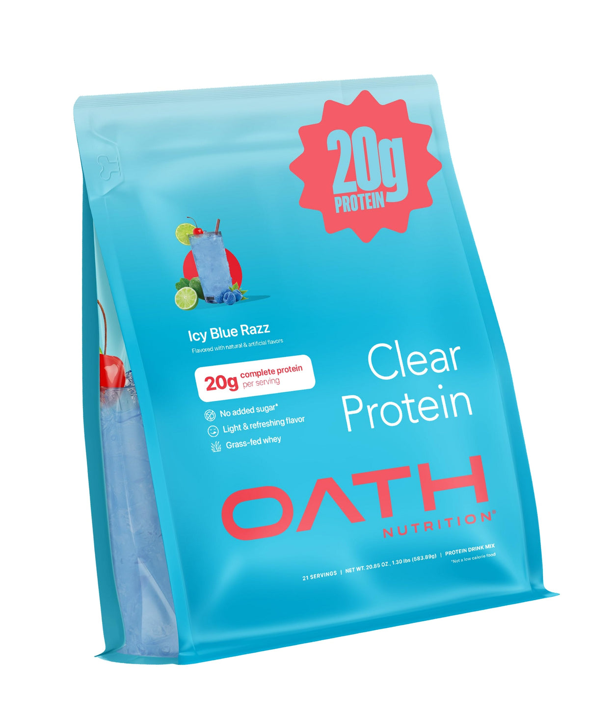 Oath Nutrition Clear Whey Isolate Protein Powder, ICY Blue Razz, 20g Complete Protein per Serving, No Added Sugar, Grass-Fed, 21 Servings