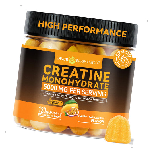Inner Brightness Creatine Monohydrate Gummies for Men & Women 5000 mg, 3rd Party Tested, Creatine Chews for Muscle Growth, Strength & Energy Support, Sugar Free, Vegan, 120 Count
