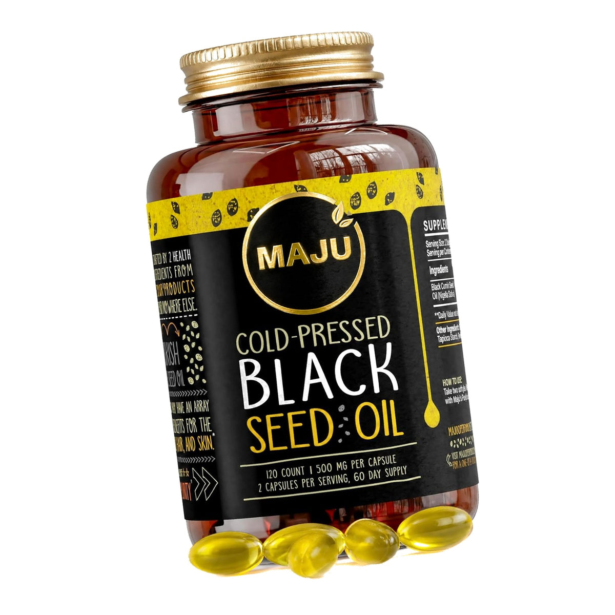 Maju Superfoods Black Seed Oil Capsules, Strong Cold Pressed, 3X Thymoquinone, 100% Turkish Black Cumin Nigella Sativa Seed Oil, Organic BSO, Liquid Blackseed, 120 Count, 500mg per Capsule