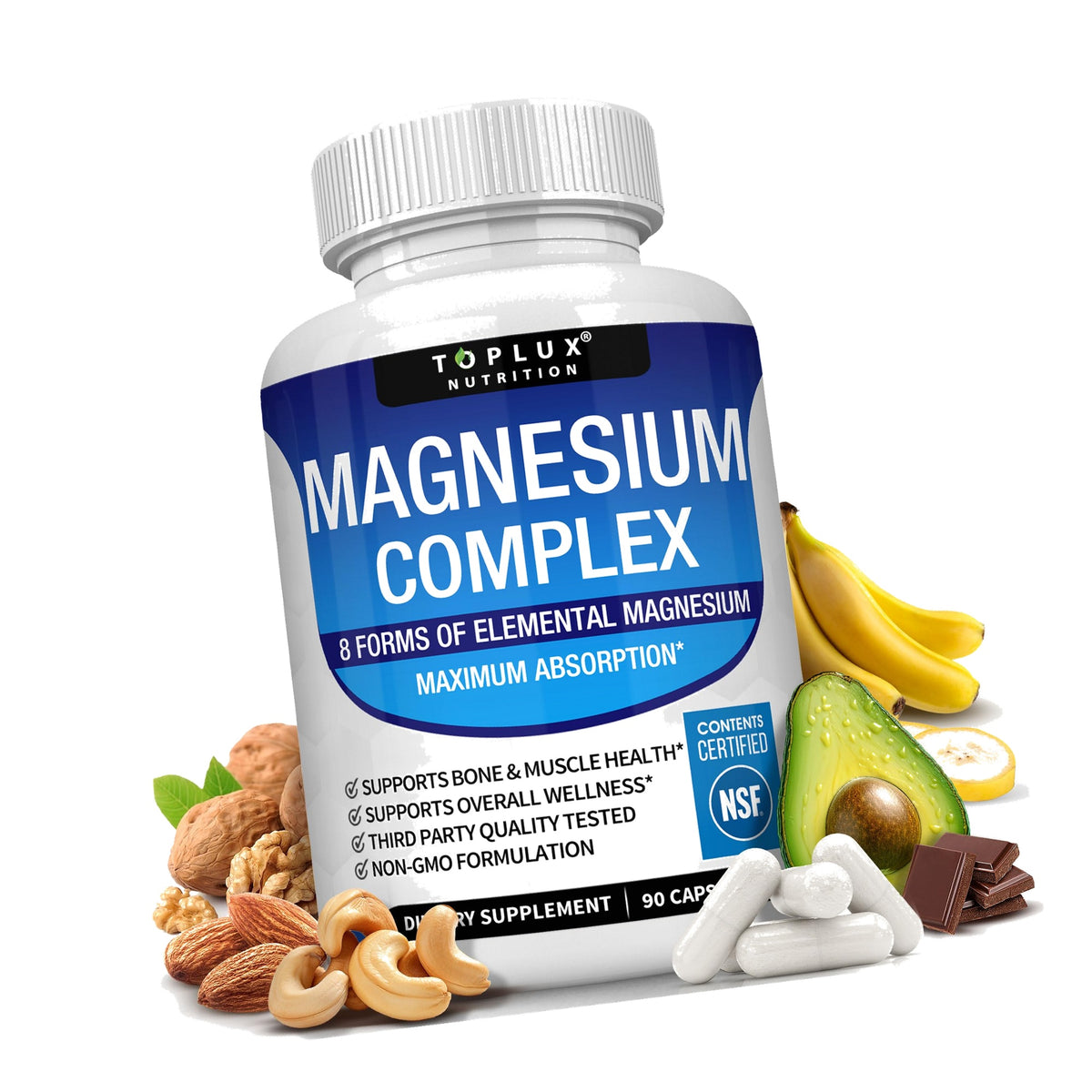 Toplux Magnesium Complex Supplement 8 Elemental - Magnesium Glycinate, Citrate, Malate, Taurate, Chelated for Easy Absorption for Bones, Muscle, Recovery, Energy, Vegan Non-GMO 90 Capsules