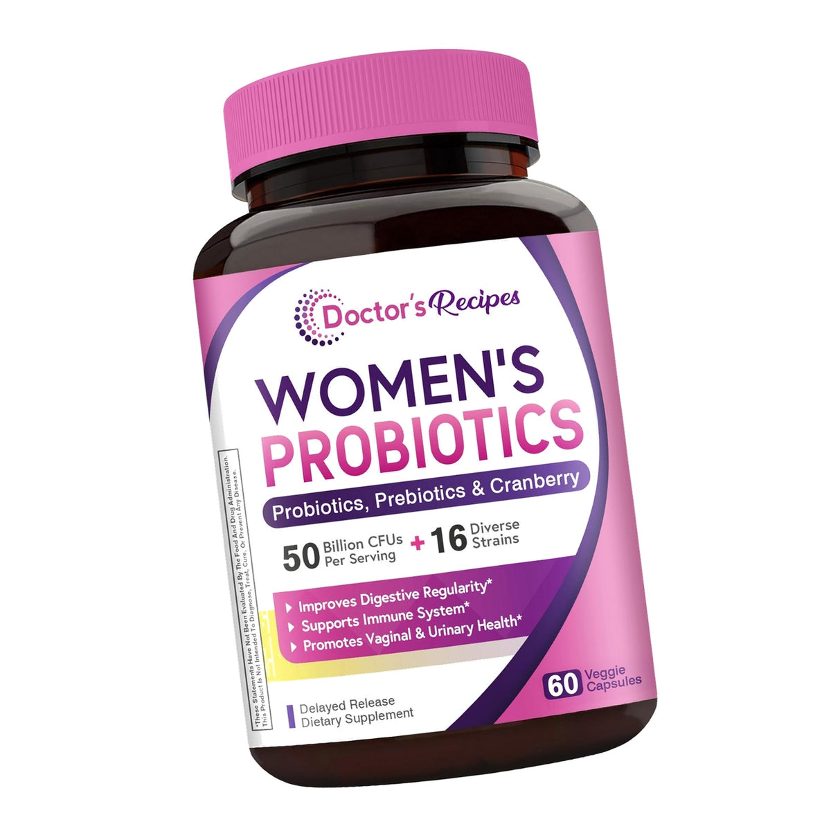 Doctor's Recipes Women's Probiotic, 60 Caps 50 Billion CFU 16 Strains, with Organic Cranberry, Digestive Immune Vaginal & Urinary Health, Shelf Stable, Delayed Release, No Soy Gluten Dairy