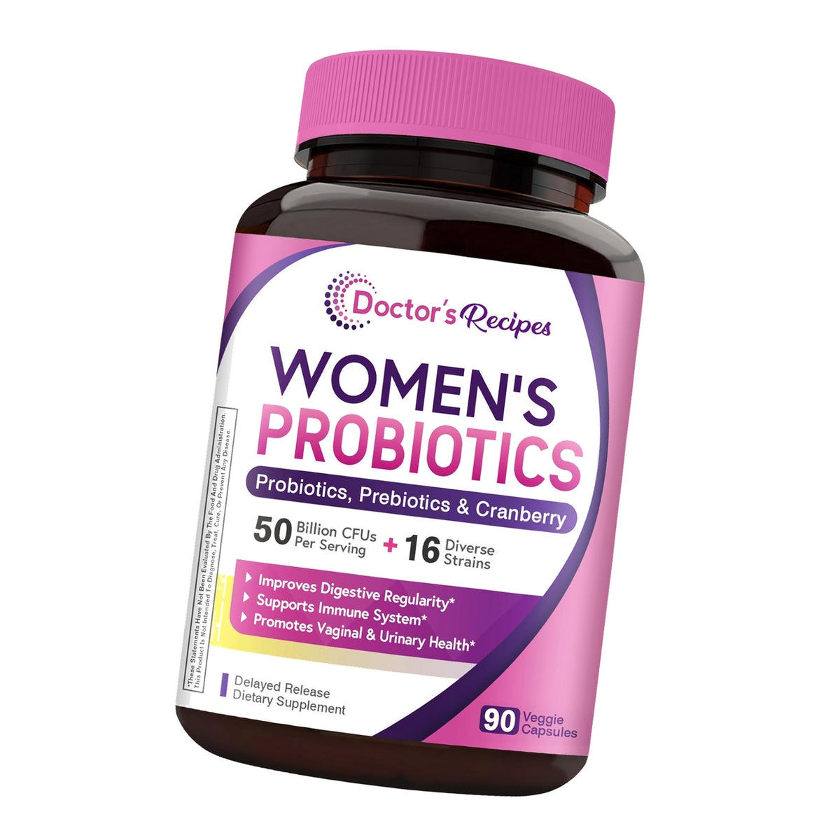 Doctor's Recipes Women's Probiotic, 90 Caps 50 Billion CFU 16 Strains, with Organic Cranberry, Digestive Immune Vaginal & Urinary Health, Shelf Stable, Delayed Release, No Soy Gluten Dairy