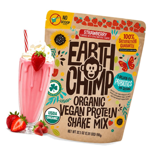 EarthChimp Organic Vegan Protein Powder, Strawberry, 2lb (No Scoop)