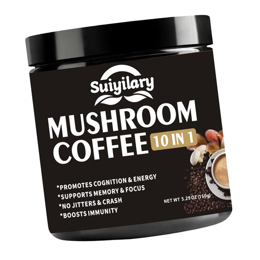 Suiyilary Mushroom Coffee, 10 Mushroom Extract Powder Blend Lion's Mane, Reishi, Chaga, Cordyceps, Turkey Tail, Brain Supplements with Instant Coffee for Energy, Focus, Memory and Immunity 150g