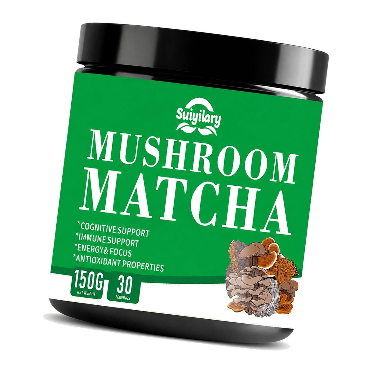Suiyilary Mushroom Matcha, Ceremonial Matcha Tea Powder with 7 Superfood Mushrooms, Gluten Free, Taste Great Hot or Cold Matcha Latter - 150g 30 Serving