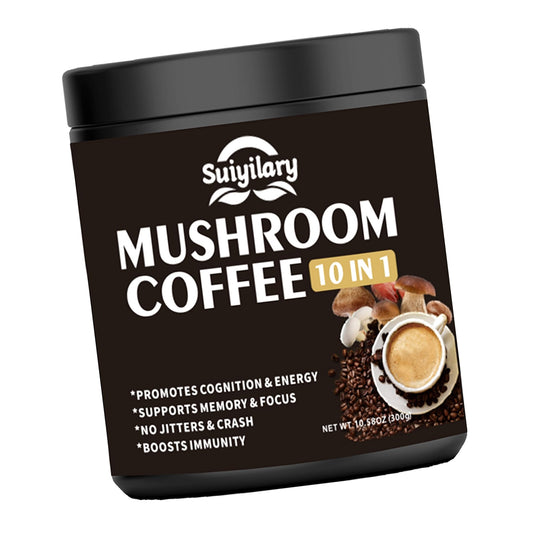 Suiyilary Mushroom Coffee, 10 Mushroom Extract Powder Blend Lion's Mane, Reishi, Chaga, Cordyceps, Turkey Tail, Brain Supplements with Instant Coffee for Energy, Focus, Memory and Immunity 300g