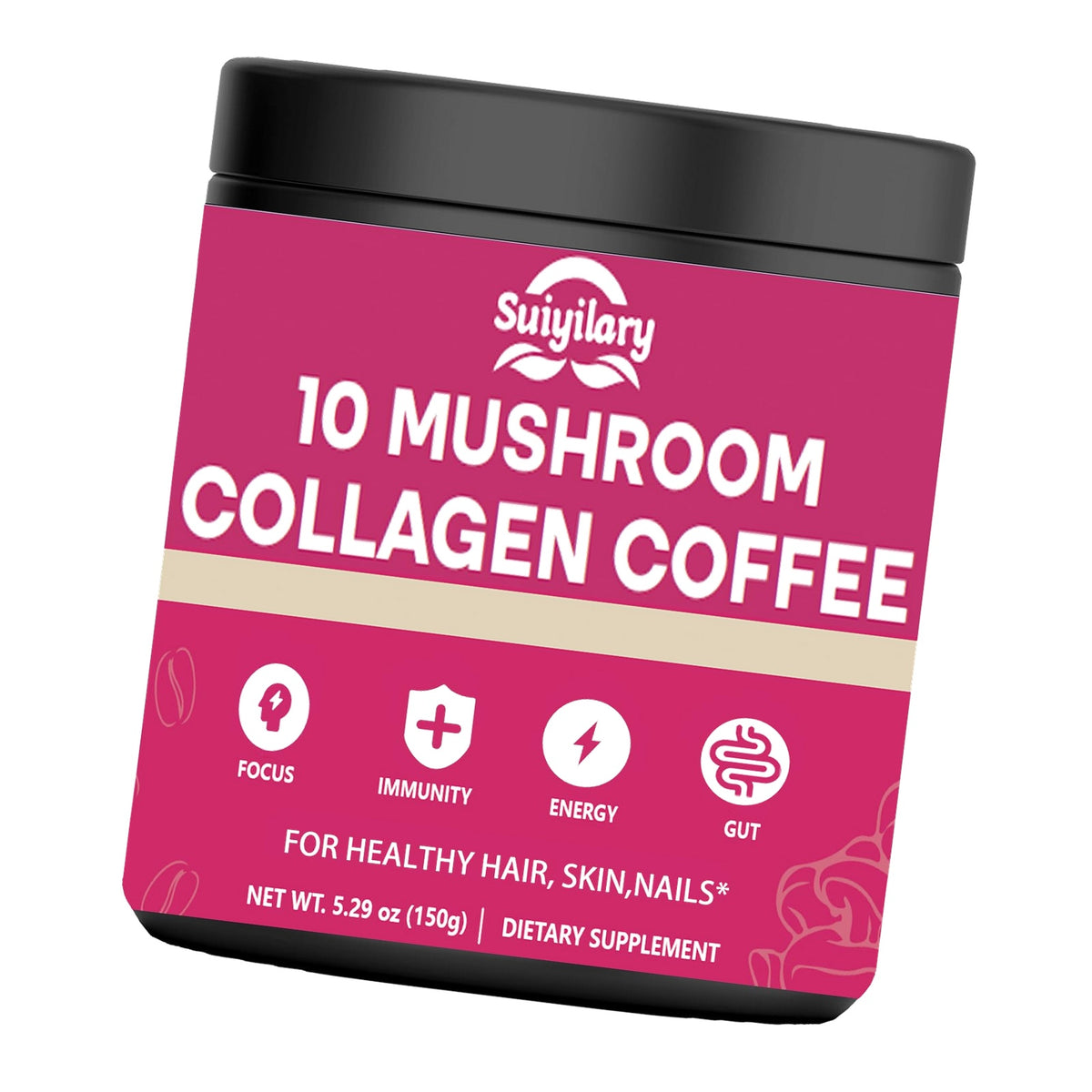 Suiyilary Mushroom Coffee with Collagen, 10 Mushroom Extract Powder Blend Lion's Mane, Brain Supplements with Instant Coffee for Energy, Focus, Skin and Immunity 150g 30 Serving