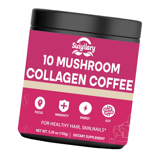 Suiyilary Mushroom Coffee with Collagen, 10 Mushroom Extract Powder Blend Lion's Mane, Brain Supplements with Instant Coffee for Energy, Focus, Skin and Immunity 150g 30 Serving
