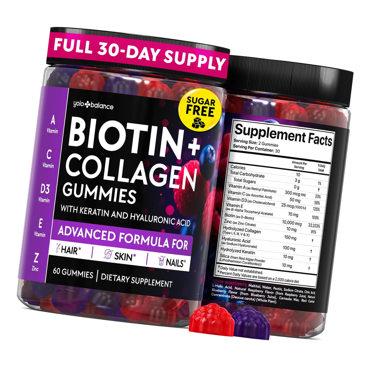 Biotin Gummies 10000mcg - Collagen Keratin - Hair Skin and Nails - Vitamins