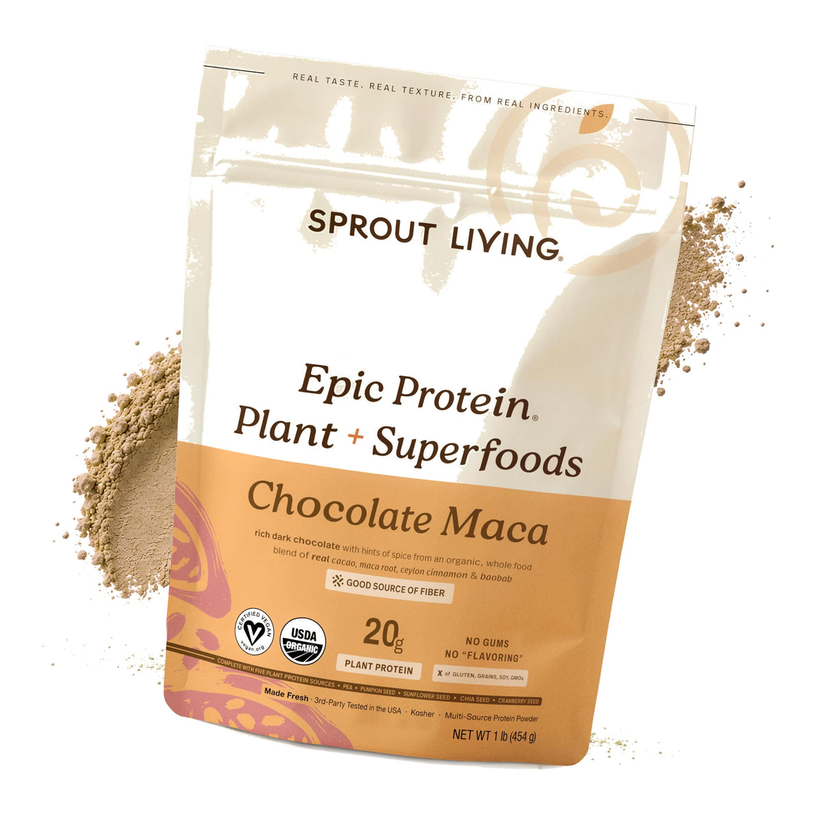 Sprout Living Epic Protein, Plant Based Protein & Superfoods Powder, Chocolate Maca Powder | 20 Grams Organic Protein Powder, Vegan, Non Dairy, Non-GMO, Gluten Free, Low Sugar (1 Pound, 12 Servings)