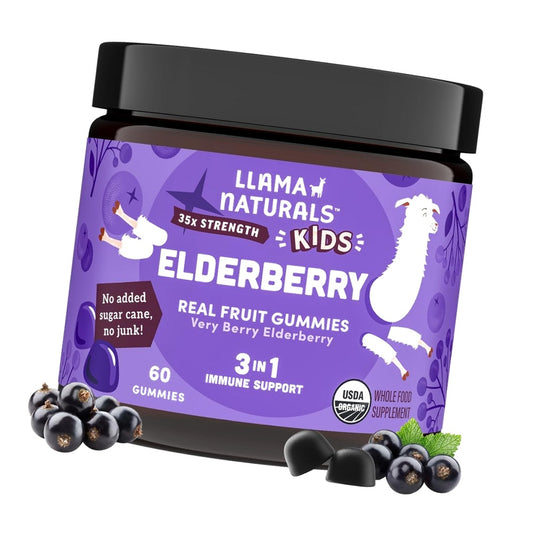 Llama Naturals Elderberry Gummies for Kids, Vegan, Organic Immune Support Supplement with Vitamin C and Zinc, Toddler Real Fruit Gummy Vitamins for Immunity, Chewable, No Added Sugar Cane, 60 Ct