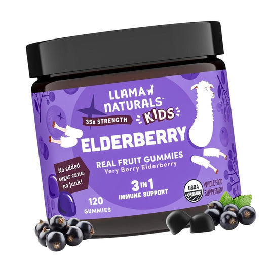 Llama Naturals Elderberry Gummies for Kids, Organic Bilberry, Vegan, Organic Immune Support with Vitamin C & Zinc, Toddler Real Fruit Gummy Vitamins for Immunity, Chewable, No Added Cane Sugar, 120 Ct