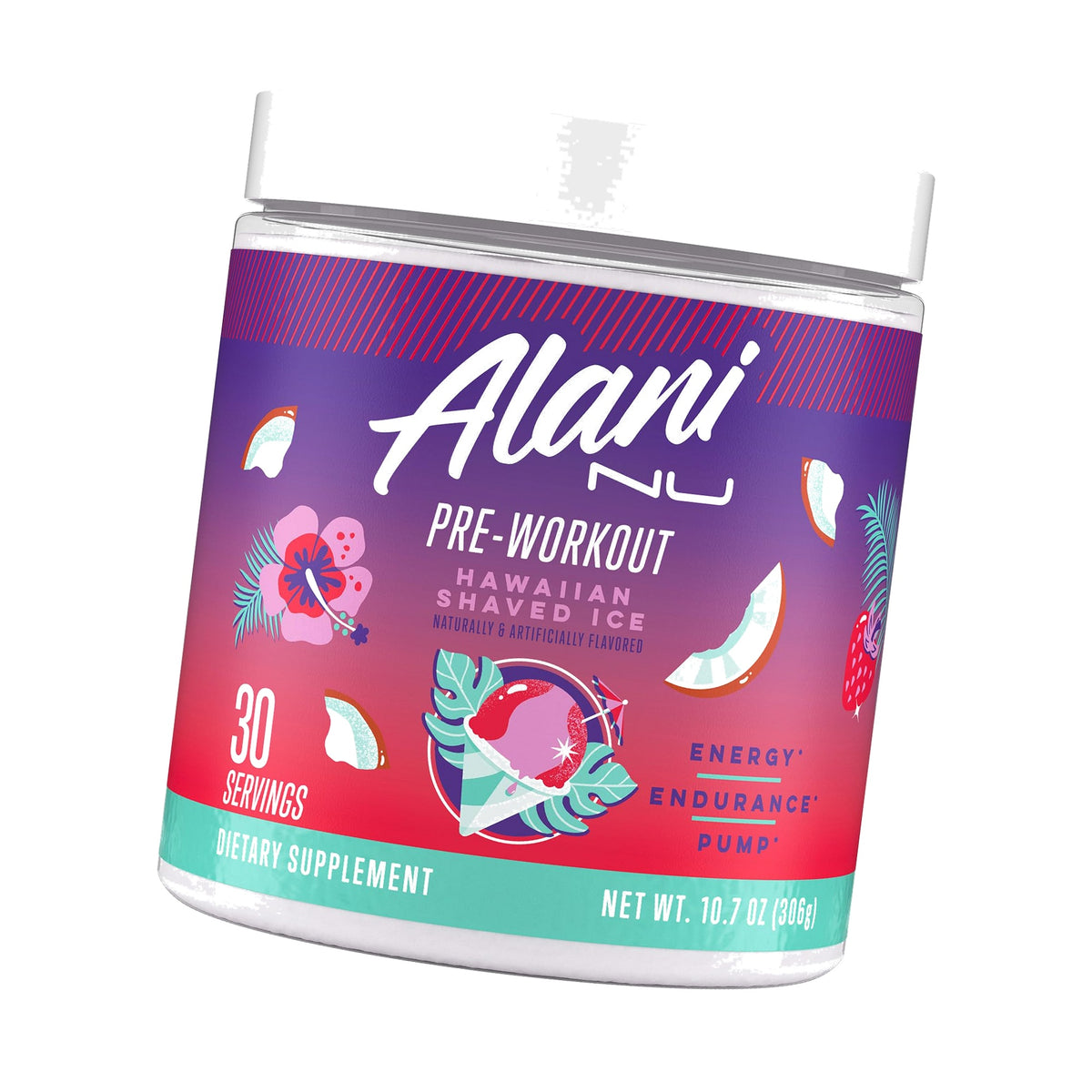 Alani Nu Pre Workout Powder Hawaiian Shaved ICE, Amino Energy Boost, Endurance Supplement, Sugar Free, 200mg Caffeine, L-Theanine, Beta-Alanine, L-Citrulline, 30 Servings