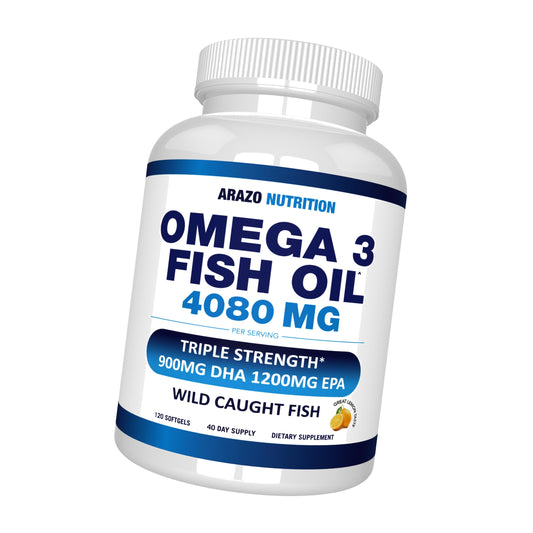 Arazo Nutrition Wild Caught Omega-3 Fish Oil Concentrate – 4,080mg per Serving – High EPA 1200mg & DHA 900mg – 120 Burpless Lemon Softgels