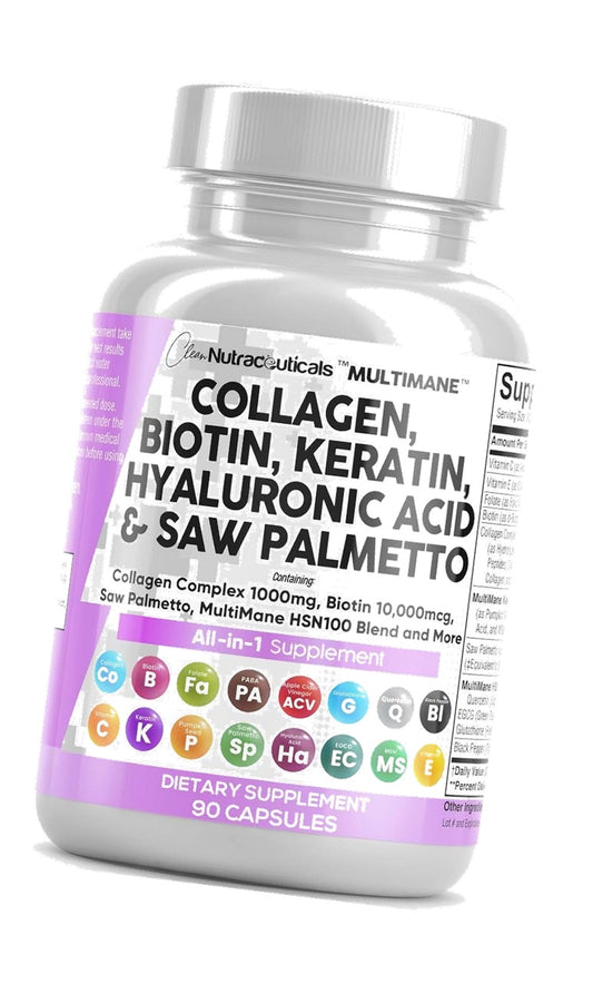 Clean Nutraceuticals Collagen Pills 1000mg Biotin 10000mcg Keratin Saw Palmetto Hyaluronic Acid - Hair Skin & Nails Vitamins & DHT Blocker with Vitamin E Folic Acid Pumpkin Seed MSM - 90 Count
