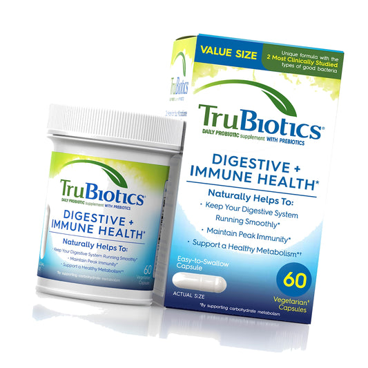 TruBiotics Probiotics for Digestive & Immune Health, Supports Regularity & Helps Relieve Abdominal Discomfort, Gas & Bloating, 2 Clinically Studied Probiotic Strains, Plus Prebiotics, 60 Capsules