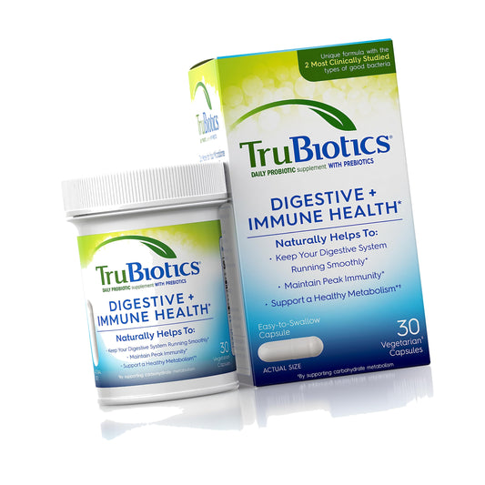 TruBiotics Probiotics for Digestive & Immune Health, Supports Regularity & Helps Relieve Abdominal Discomfort, Gas & Bloating, 2 Clinically Studied Probiotic Strains, Plus Prebiotics, 30 Capsules