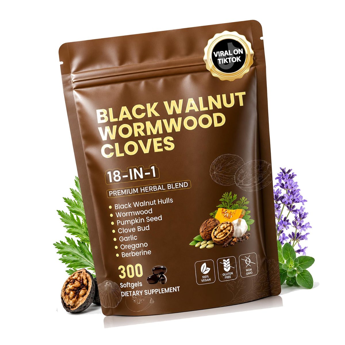 18-in-1 Wormwood Black Walnut Clove Herbal Cleanse Supplement |300 Softgels