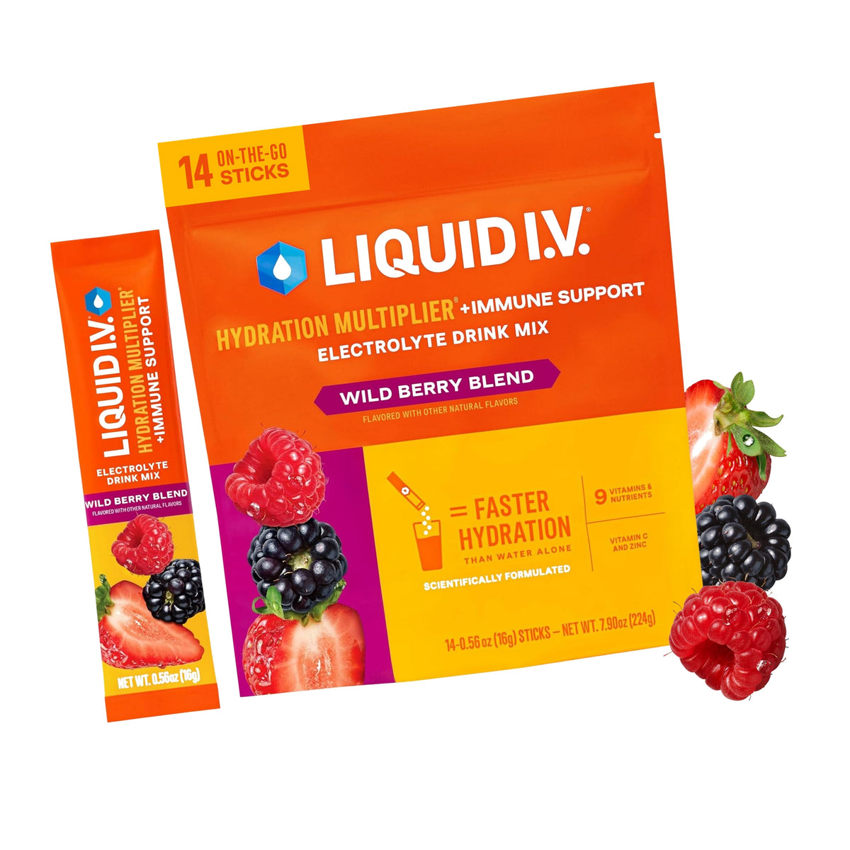 Liquid I.V. Hydration + Immune Electrolytes, Wild Berry Blend, 14 Count