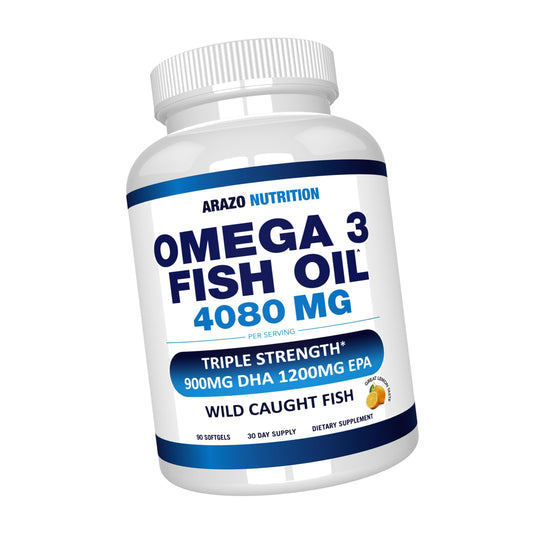 Arazo Nutrition Wild Caught Omega-3 Fish Oil Concentrate – 4,080mg per Serving – High EPA 1200mg & DHA 900mg – 90 Burpless Lemon Softgels