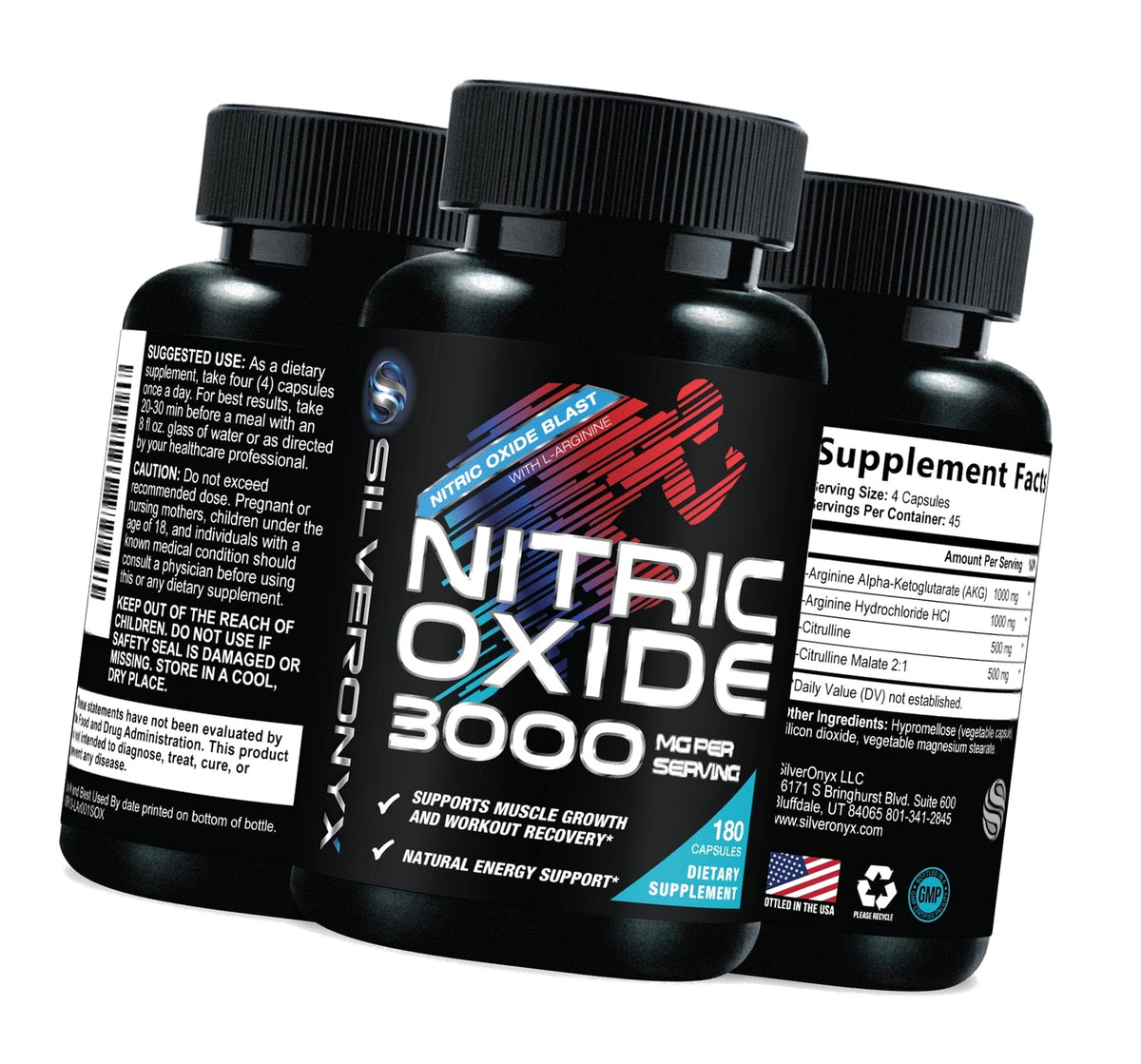 Nitric Oxide Supplement 3000mg Blend - 3X Strength L-Arginine & L-Citrulline - Complete Pre Workout Nitric Booster - Natural Energy & Muscle Support for Men & Women - Bottled in USA - 180 Capsules