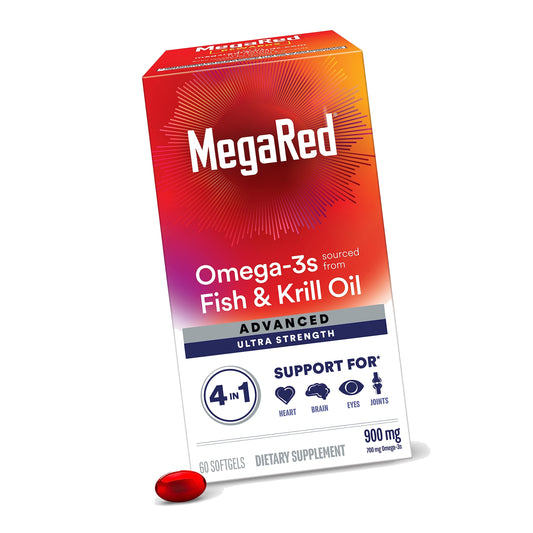 Megared Omega-3 Fish & Krill Oil Supplement 900mg - MegaRed Advanced 4in1, 60 softgels, 2x More Omega-3, Heart, Joint, Brain and Eye Supplement, Red, 60 Count