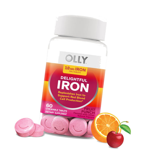 OLLY Delightful Iron Chewable Tablet, 18 mg Iron, Fruit Punch - 60 Count