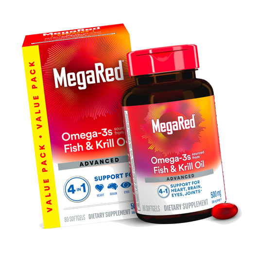 MegaRed Omega 3 Fish Oil & Antarctic Krill Oil Softgels for Brain, Heart, Joints & Eye Support, (80 Count Bottle), Concentrated Omega 3 Fatty Acid Supplement with EPA, DHA, Phospholipids