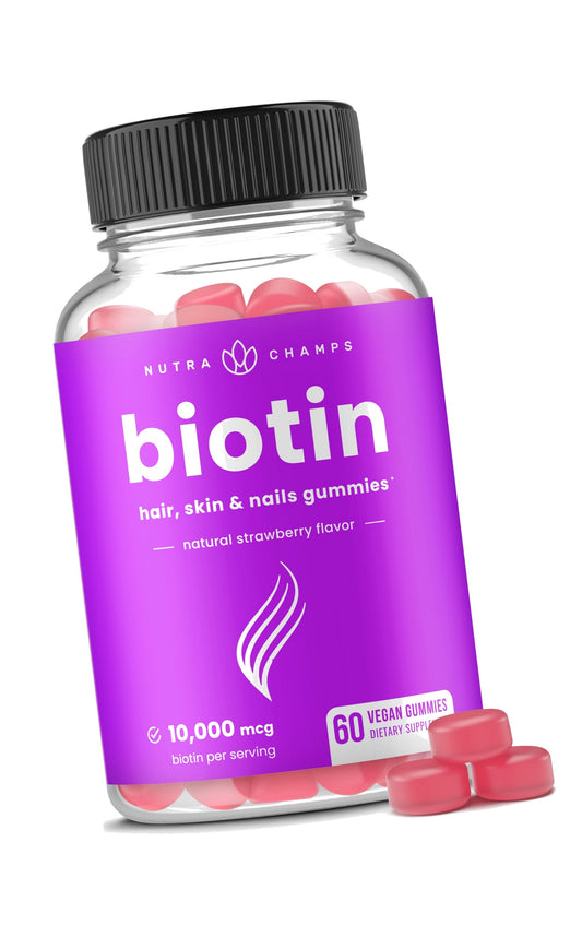 NutraChamps Biotin Gummies 10000mcg [High Potency] for Healthy Hair, Skin & Nails Vitamins for Women, Men & Kids - 5000mcg in Each Hair Vitamins Gummy - Vegan, Non-GMO, Hair Health Supplement