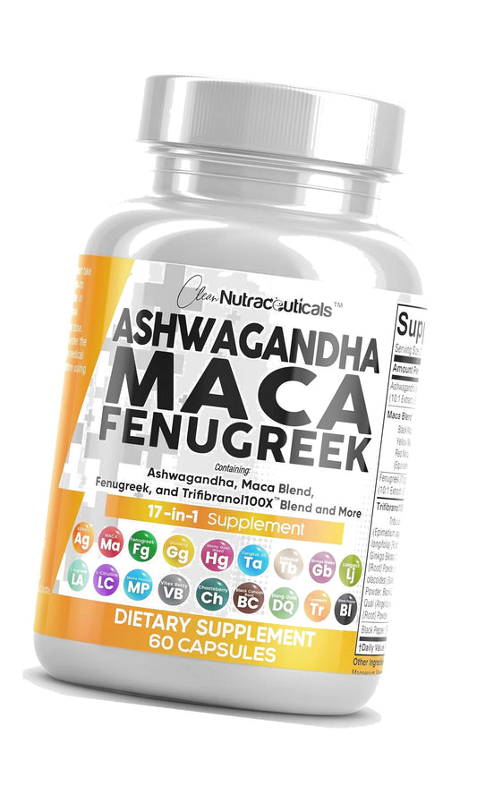 Clean Nutraceuticals Ashwagandha Maca Root Fenugreek Supplement with Tongkat Ali Ginseng - Assists with Stress, Mood & Thyroid - Ashwagandha Capsules Fenugreek Caps