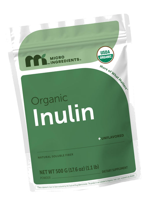 Micro Ingredients Organic Inulin FOS Fiber Powder, 1.1 lb | Quick Water-Soluble Prebiotic | Natural Unflavored Fiber for Yogurt, Smoothies, & Drinks | Vegan Friendly, Dissolves Clear, Non-GMO