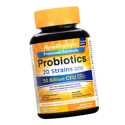 NewRhythm Probiotics 50 Billion CFU 20 Strains, 120 Veggie Capsules, Targeted Release Technology, Stomach Acid Resistant, No Need for Refrigeration, Non-GMO, No Gluten