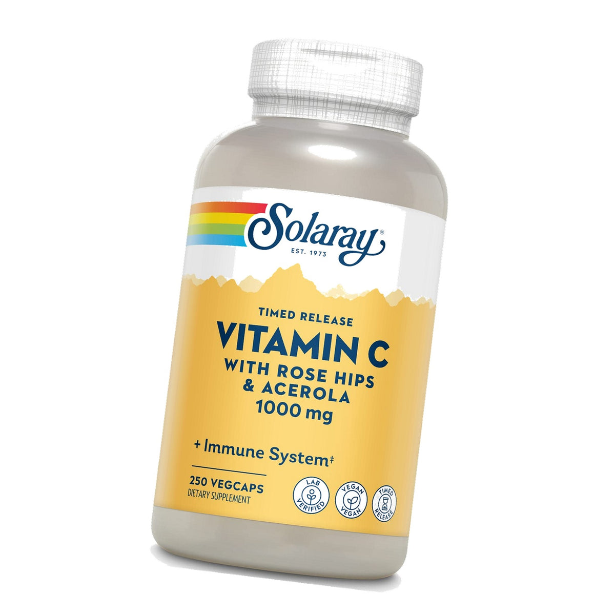 SOLARAY Vitamin C 1000mg - Time Release Vitamin C Capsules w/Rose HIPS and Acerola for Bioflavonoid Support - Two-Stage, All-Day Immune Support - Vegan, 60 Day Guarantee, 250 Servings, 250 VegCaps