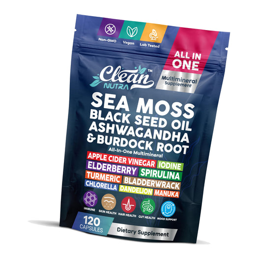 Clean Nutraceuticals Sea Moss Black Seed Oil Ashwagandha Turmeric Bladderwrack Burdock & Vitamin C Vitamin D3 with Elderberry Manuka Dandelion (120 Count (Pack of 1))