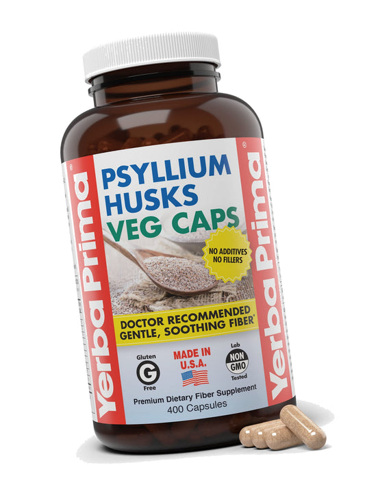 Yerba Prima Psyllium Husks Veg Caps, 400 Capsules (625mg) - Vegan, Non-GMO, Gluten Free, Colon Cleanser, Daily Fiber Supplement for Gut Health & Regularity