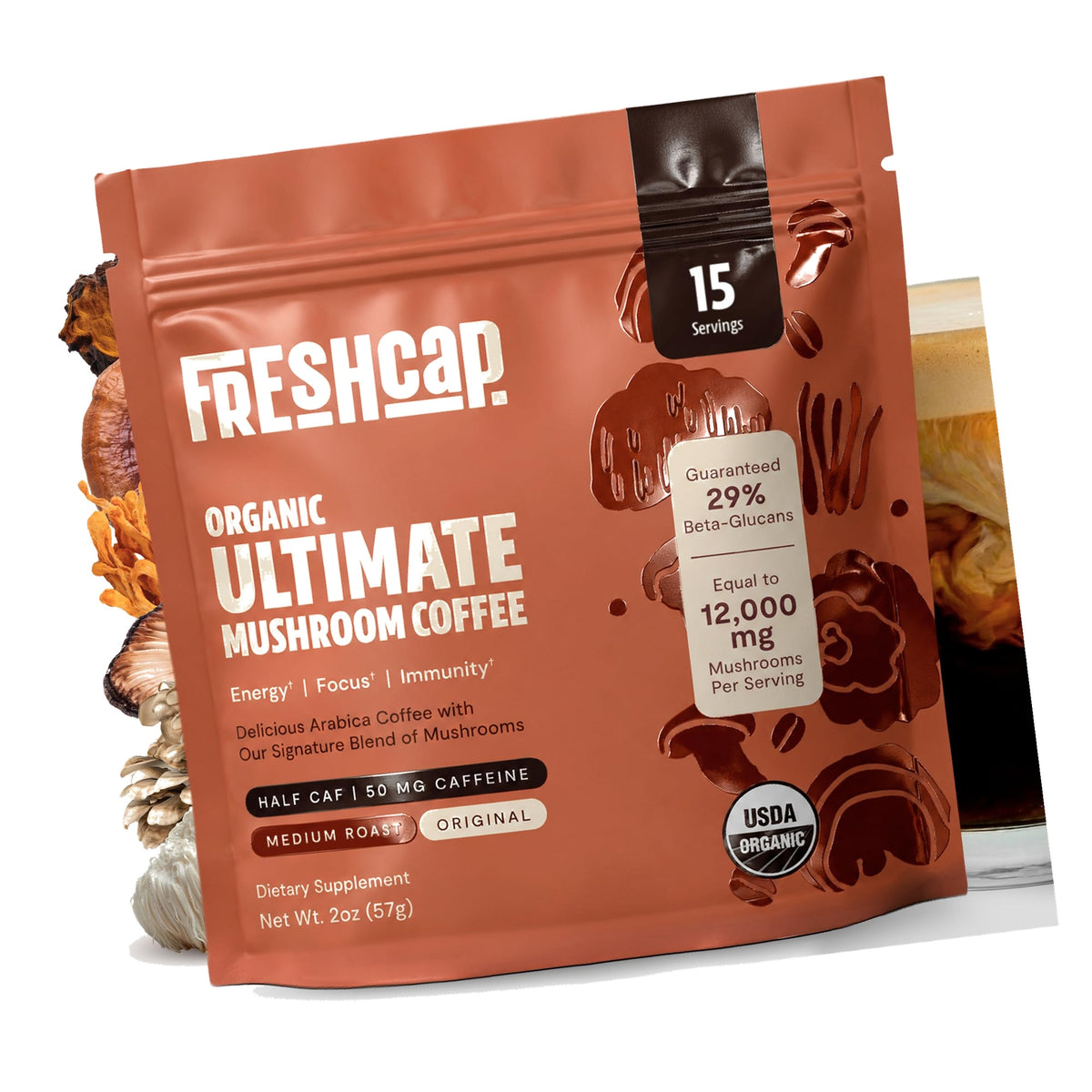 Freshcap Premium Mushroom Coffee, Organic Instant Coffee, 15 Servings