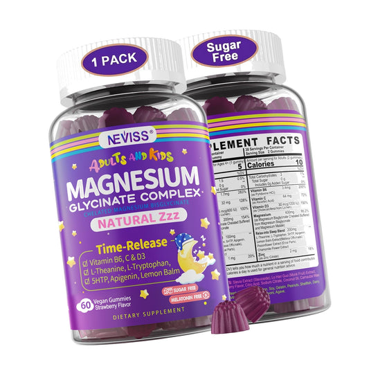 Magnesium Glycinate Gummies for Adults & Kids 4+, Sugar Free Magnesium Bisglycinate Supplement 400/200mg with B6 D3, L-Theanine for Zzz & Relaxation, Brain, Melatonin Free Gummies,1Pack