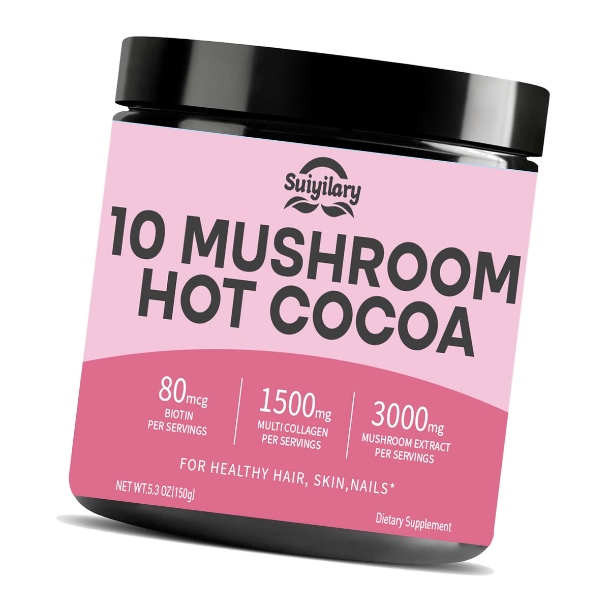 Suiyilary 10 Mushroom Hot Cocoa, 1500mg Collagen, 80mcg Biotin, Sugar Free Keto Cocoa Powder, for Healthy Hair, Skin and Nails, 15 Servings