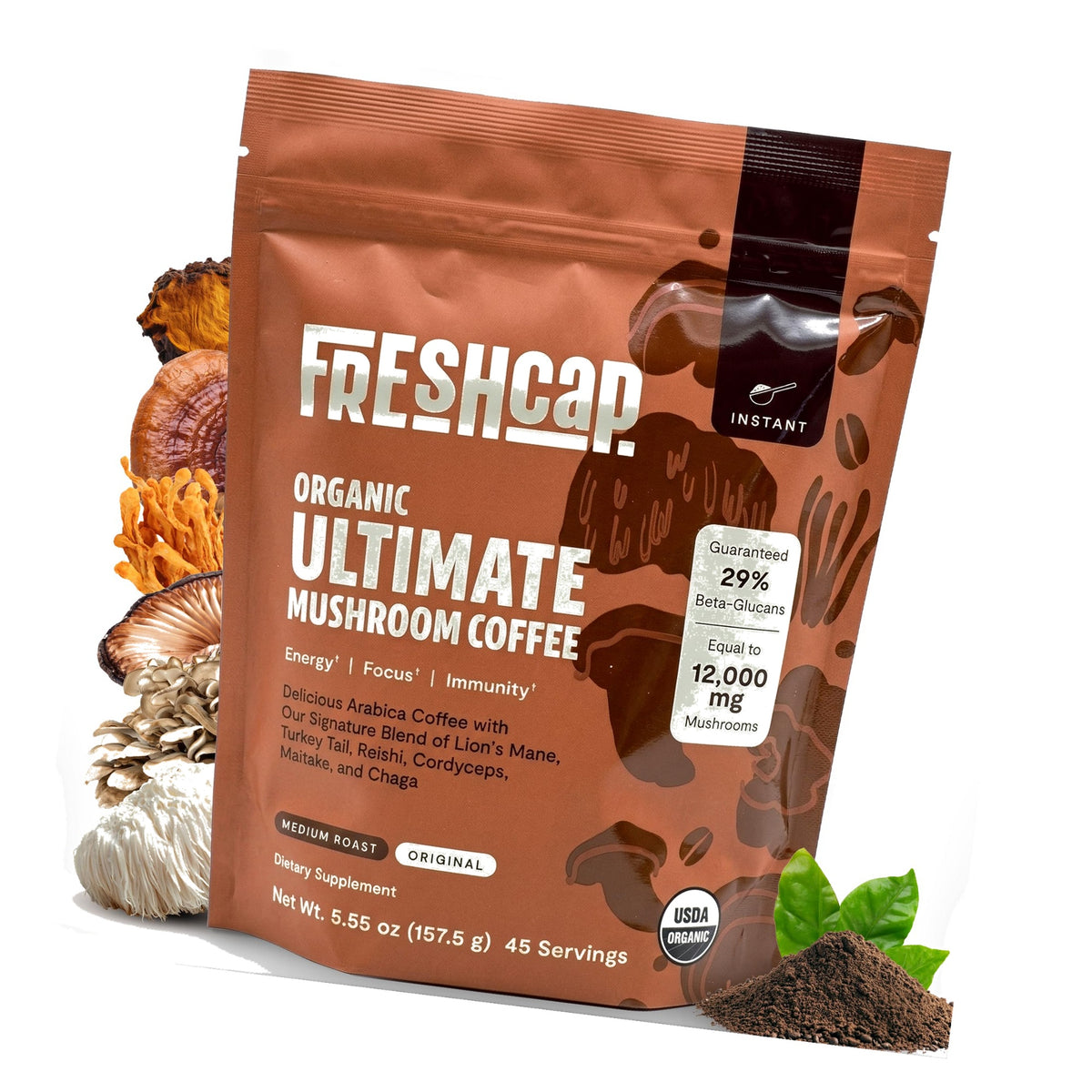 Freshcap Premium Mushroom Coffee, Organic Instant Coffee, 45 Servings