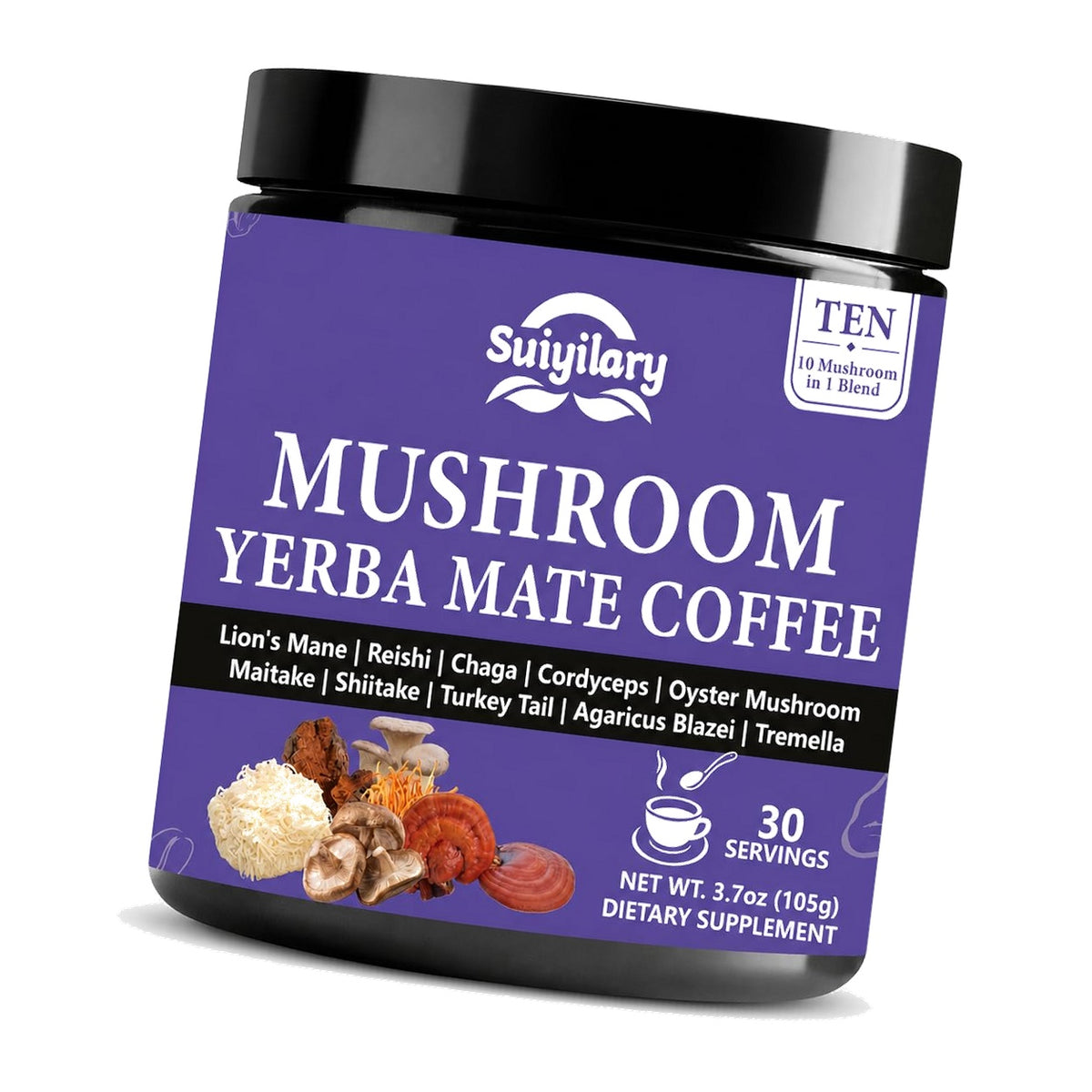 Suiyilary 10 Mushroom Coffee with Arabica w, Lion's Mane, Yerbamate, Instant Mushrooms Powder for Focus, Slim, 30 Servings
