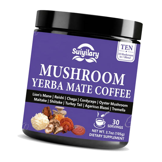 Suiyilary 10 Mushroom Coffee with Arabica w, Lion's Mane, Yerbamate, Instant Mushrooms Powder for Focus, Slim, 30 Servings