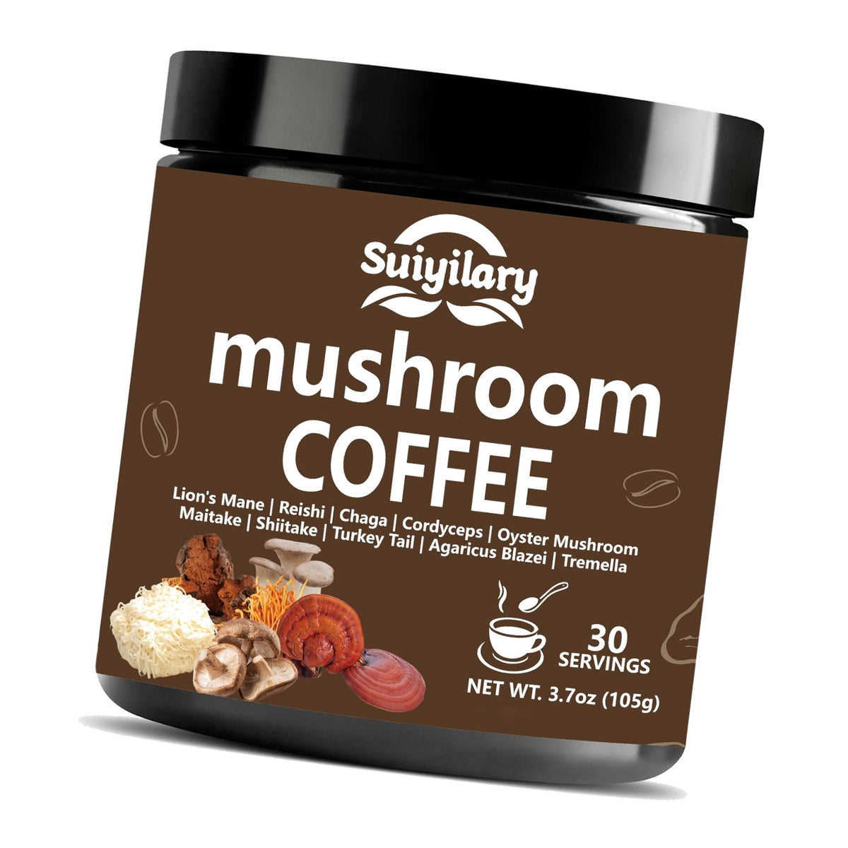 Suiyilary 10 Mushroom Coffee with Arabica w, Lion's Mane, Reishi, Mushroom Polysaccharides & More, Instant Mushrooms Powder for Focus, Immunity Boost, Memory & Clarity - 30 Servings