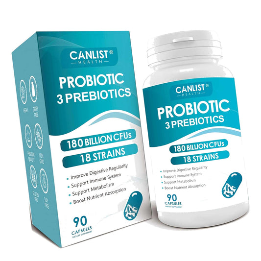 CANLIST Probiotics 180 Billion CFUs 18 Strains, 3 Prebiotics & Digestive Enzymes for Men Women,Digestive & Immune Support,Shelf Stable Non-GMO 90 Capsules